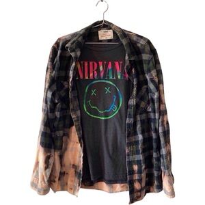 Nirvana Neon Smiley Tee + Bleach Distressed Flannel Bundle Grunge 90s Oversized